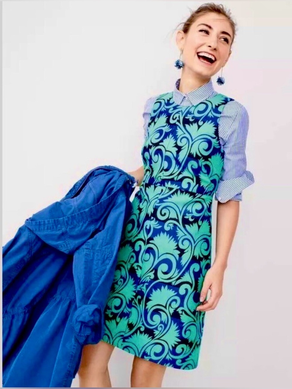 J. Crew Vinyard Jaquard A-Line Dress Size 0 teal navy and black